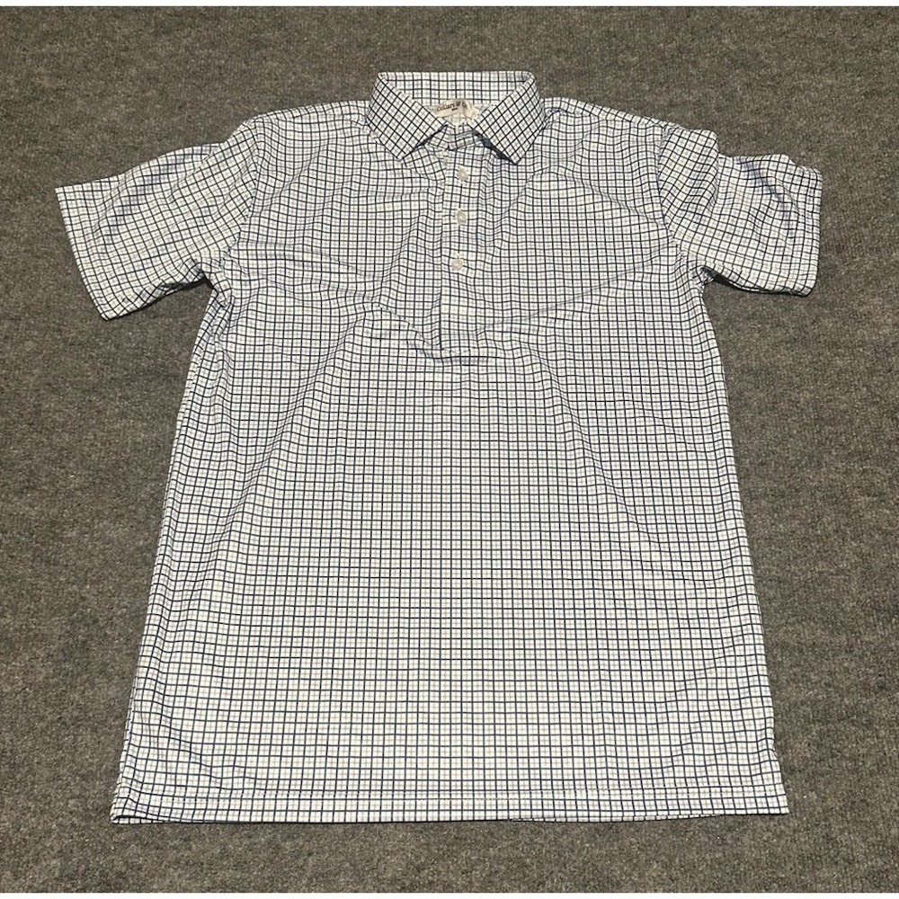 Collars & Co Men's Small White Blue Mini Graph Plaid Dress Collar Polo NWOT